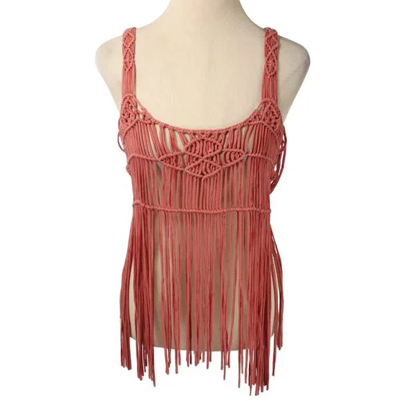 MISS ME Coral Macrame Crochet Fringe Boho Festival Tank Top Size Small - Picture 3 of 8